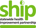 Statewide Health Improvement Partnership (SHIP) logo. Green apple at the dot above the "I". 