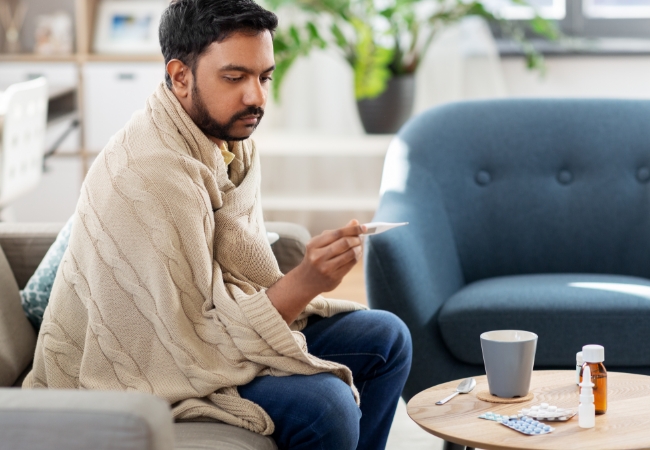 Man sitting on couch, wrapped in blanket, checking his temperature. 